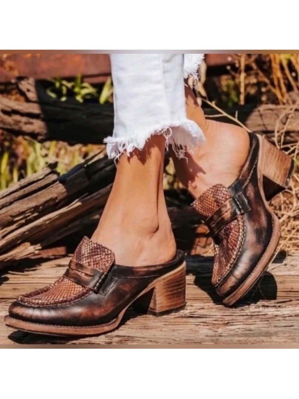 Freebird By Steven Collin’s Brown Mules 8 Leather Snake Embossed Boho Western